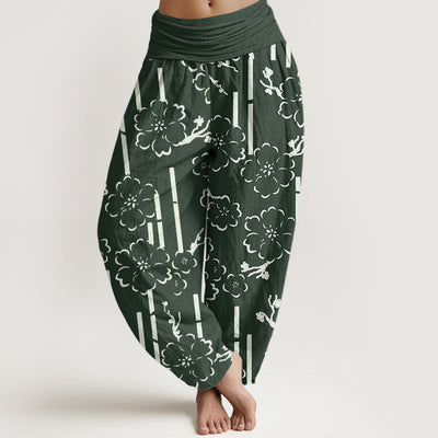 Buddha Stones Floral Lines Pattern Design Women's Elastic Waist Harem Pants