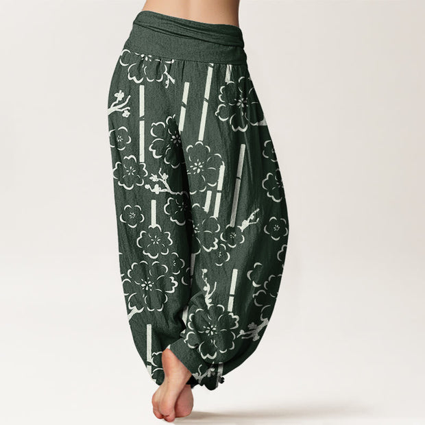 Buddha Stones Floral Lines Pattern Design Women's Elastic Waist Harem Pants