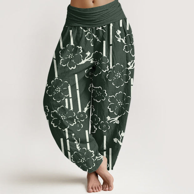 Buddha Stones Floral Lines Pattern Design Women's Elastic Waist Harem Pants