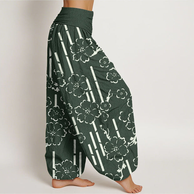 Buddha Stones Floral Lines Pattern Design Women's Elastic Waist Harem Pants