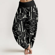 Buddha Stones Floral Lines Pattern Design Women's Elastic Waist Harem Pants