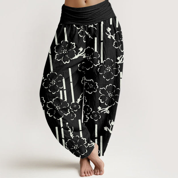 Buddha Stones Floral Lines Pattern Design Women's Elastic Waist Harem Pants