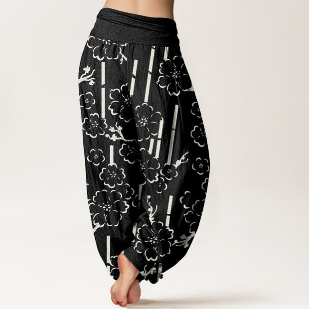 Buddha Stones Floral Lines Pattern Design Women's Elastic Waist Harem Pants