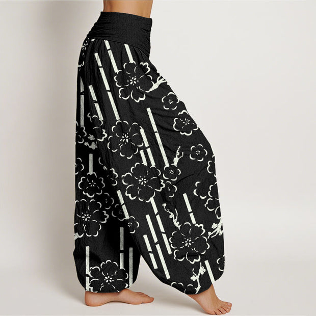Buddha Stones Floral Lines Pattern Design Women's Elastic Waist Harem Pants