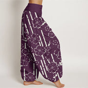 Buddha Stones Floral Lines Pattern Design Women's Elastic Waist Harem Pants