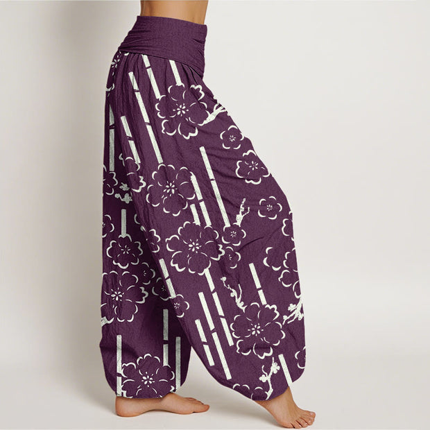 Buddha Stones Floral Lines Pattern Design Women's Elastic Waist Harem Pants