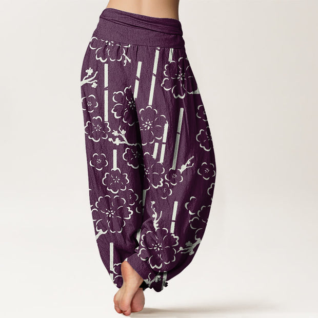 Buddha Stones Floral Lines Pattern Design Women's Elastic Waist Harem Pants