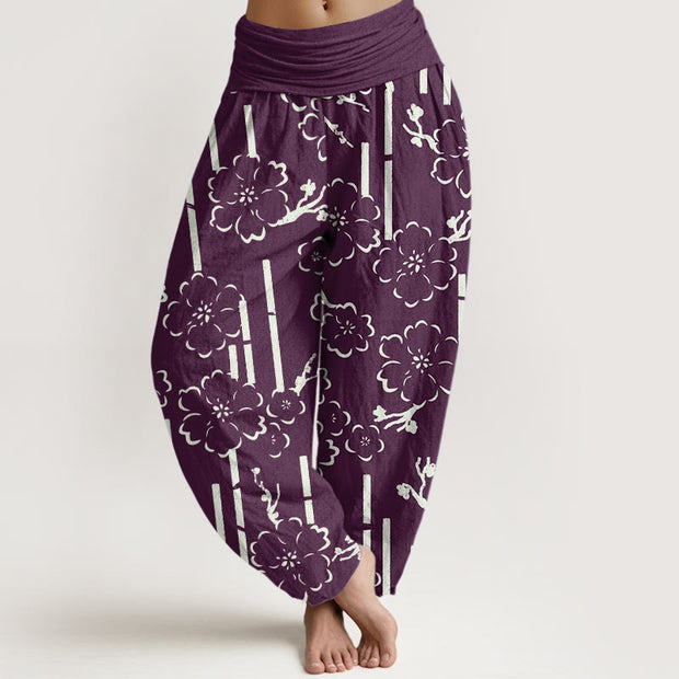 Buddha Stones Floral Lines Pattern Design Women's Elastic Waist Harem Pants
