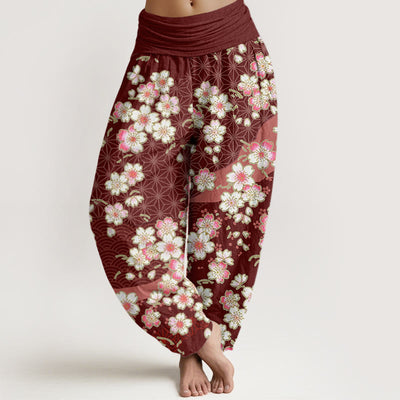 Buddha Stones Pink Cherry Blossoms Six-pointed Stars Pattern Design Women's Elastic Waist Harem Pants