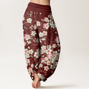 Buddha Stones Pink Cherry Blossoms Six-pointed Stars Pattern Design Women's Elastic Waist Harem Pants