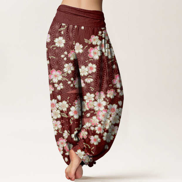 Buddha Stones Pink Cherry Blossoms Six-pointed Stars Pattern Design Women's Elastic Waist Harem Pants