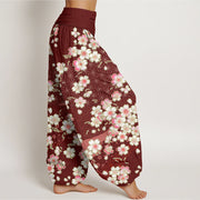 Buddha Stones Pink Cherry Blossoms Six-pointed Stars Pattern Design Women's Elastic Waist Harem Pants