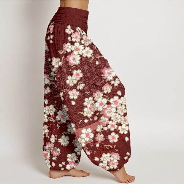 Buddha Stones Pink Cherry Blossoms Six-pointed Stars Pattern Design Women's Elastic Waist Harem Pants