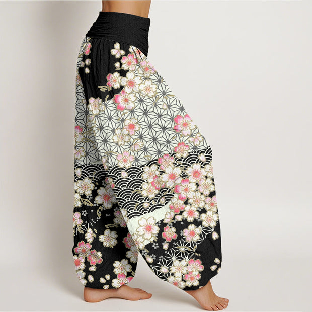 Buddha Stones Pink Cherry Blossoms Six-pointed Stars Pattern Design Women's Elastic Waist Harem Pants