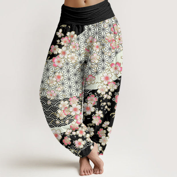 Buddha Stones Pink Cherry Blossoms Six-pointed Stars Pattern Design Women's Elastic Waist Harem Pants