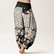 Buddha Stones Pink Cherry Blossoms Six-pointed Stars Pattern Design Women's Elastic Waist Harem Pants