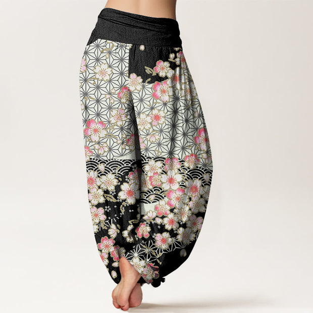 Buddha Stones Pink Cherry Blossoms Six-pointed Stars Pattern Design Women's Elastic Waist Harem Pants
