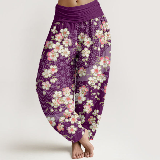 Buddha Stones Pink Cherry Blossoms Six-pointed Stars Pattern Design Women's Elastic Waist Harem Pants