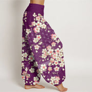 Buddha Stones Pink Cherry Blossoms Six-pointed Stars Pattern Design Women's Elastic Waist Harem Pants