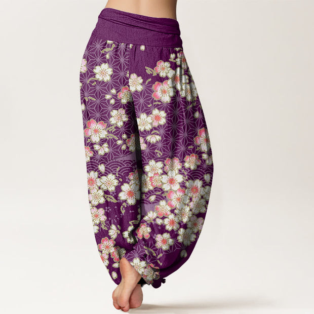 Buddha Stones Pink Cherry Blossoms Six-pointed Stars Pattern Design Women's Elastic Waist Harem Pants