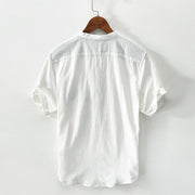 Buddha Stones Casual Color Contrast Half Button Design Stand Collar Men's Short Sleeve Cotton Linen Shirt With Pocket