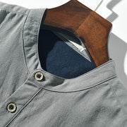 Buddha Stones Casual Color Contrast Half Button Design Stand Collar Men's Short Sleeve Cotton Linen Shirt With Pocket