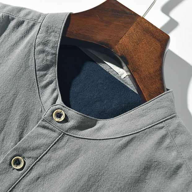 Buddha Stones Casual Color Contrast Half Button Design Stand Collar Men's Short Sleeve Cotton Linen Shirt With Pocket