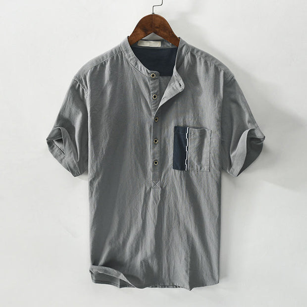 Buddha Stones Casual Color Contrast Half Button Design Stand Collar Men's Short Sleeve Cotton Linen Shirt With Pocket