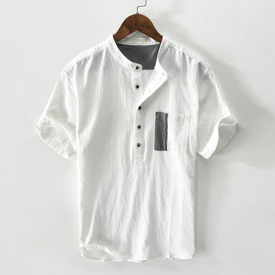 Buddha Stones Casual Color Contrast Half Button Design Stand Collar Men's Short Sleeve Cotton Linen Shirt With Pocket