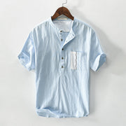 Buddha Stones Casual Color Contrast Half Button Design Stand Collar Men's Short Sleeve Cotton Linen Shirt With Pocket