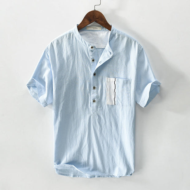 Buddha Stones Casual Color Contrast Half Button Design Stand Collar Men's Short Sleeve Cotton Linen Shirt With Pocket