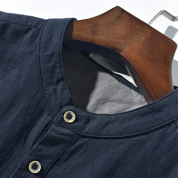 Buddha Stones Casual Color Contrast Half Button Design Stand Collar Men's Short Sleeve Cotton Linen Shirt With Pocket