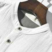 Buddha Stones Casual Color Contrast Half Button Design Stand Collar Men's Short Sleeve Cotton Linen Shirt With Pocket