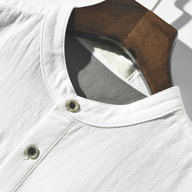 Buddha Stones Casual Color Contrast Half Button Design Stand Collar Men's Short Sleeve Cotton Linen Shirt With Pocket
