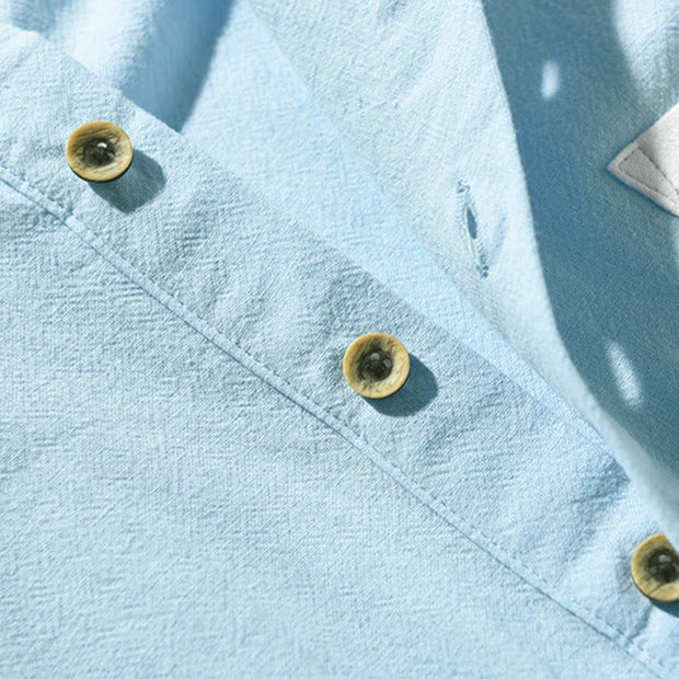 Buddha Stones Casual Color Contrast Half Button Design Stand Collar Men's Short Sleeve Cotton Linen Shirt With Pocket