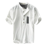 Buddha Stones Casual Color Contrast Half Button Design Stand Collar Men's Short Sleeve Cotton Linen Shirt With Pocket