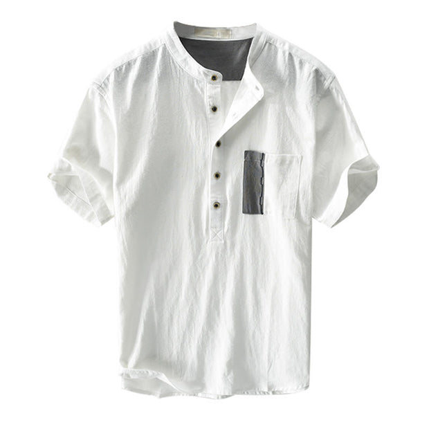 Buddha Stones Casual Color Contrast Half Button Design Stand Collar Men's Short Sleeve Cotton Linen Shirt With Pocket