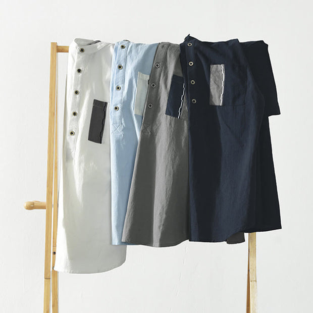 Buddha Stones Casual Color Contrast Half Button Design Stand Collar Men's Short Sleeve Cotton Linen Shirt With Pocket