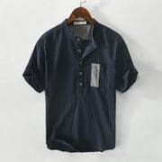 Buddha Stones Casual Color Contrast Half Button Design Stand Collar Men's Short Sleeve Cotton Linen Shirt With Pocket