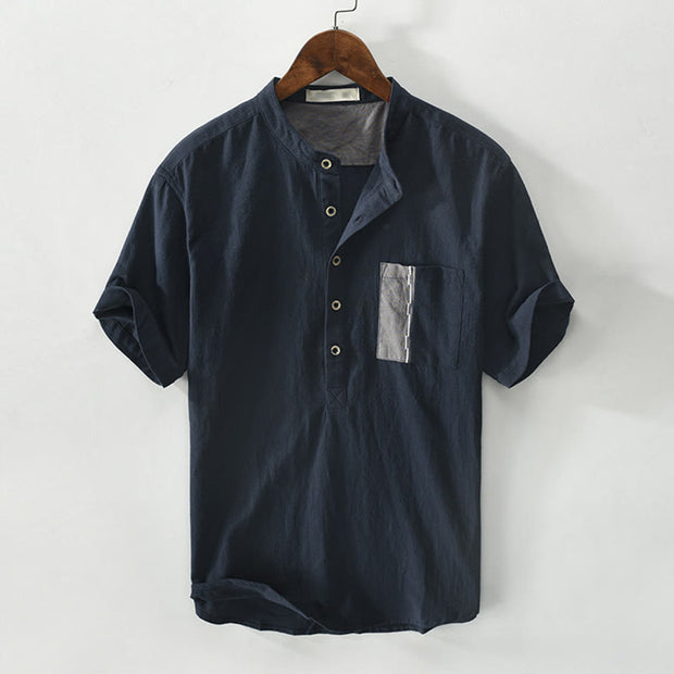 Buddha Stones Casual Color Contrast Half Button Design Stand Collar Men's Short Sleeve Cotton Linen Shirt With Pocket