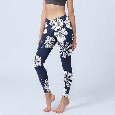 Buddha Stones Large White Petals Plants Pattern Print Gym Leggings Women's Yoga Pants