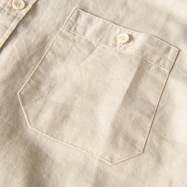 Buddha Stones Casual Daily Simple Buttons Design Stand Collar Men's Short Sleeve Cotton Linen Shirt With Front Pockets
