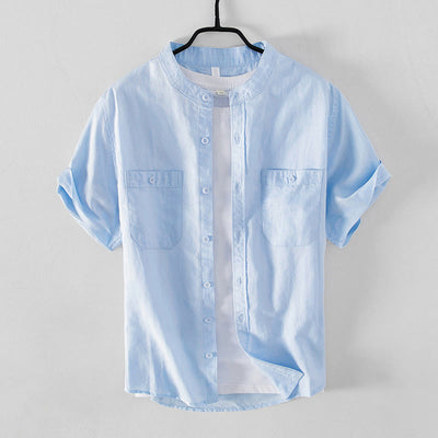 Buddha Stones Casual Daily Simple Buttons Design Stand Collar Men's Short Sleeve Cotton Linen Shirt With Front Pockets
