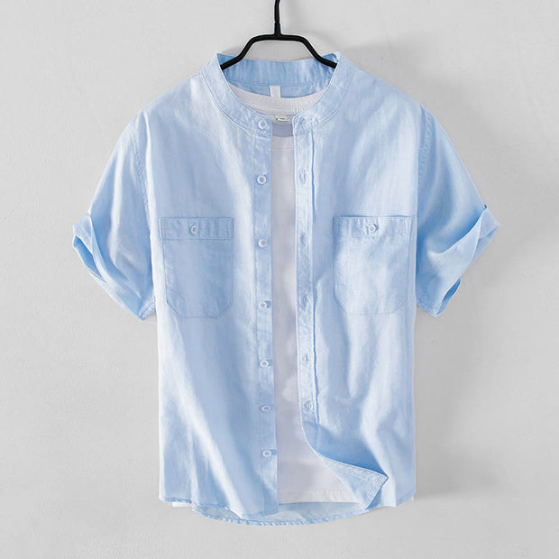 Buddha Stones Casual Daily Simple Buttons Design Stand Collar Men's Short Sleeve Cotton Linen Shirt With Front Pockets
