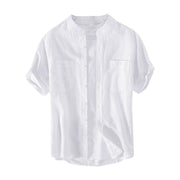 Buddha Stones Casual Daily Simple Buttons Design Stand Collar Men's Short Sleeve Cotton Linen Shirt With Front Pockets