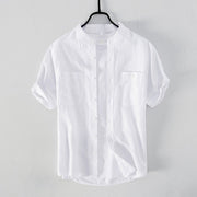 Buddha Stones Casual Daily Simple Buttons Design Stand Collar Men's Short Sleeve Cotton Linen Shirt With Front Pockets