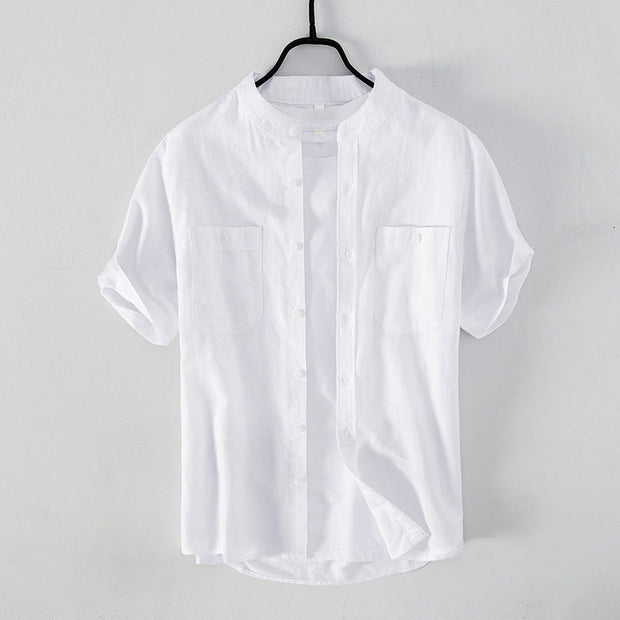 Buddha Stones Casual Daily Simple Buttons Design Stand Collar Men's Short Sleeve Cotton Linen Shirt With Front Pockets