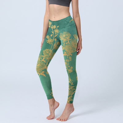 Buddha Stones Green Background Golden Branches Peony Flowers Pattern Print Gym Leggings Women's Yoga Pants