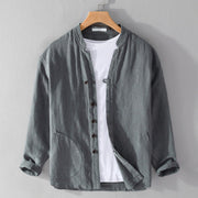 Buddha Stones Spring Daily Simple Buttons Design Stand Collar Men's Long Sleeve Cotton Linen Shirt With Pockets