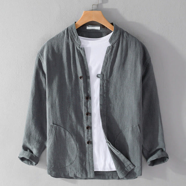 Buddha Stones Spring Daily Simple Buttons Design Stand Collar Men's Long Sleeve Cotton Linen Shirt With Pockets
